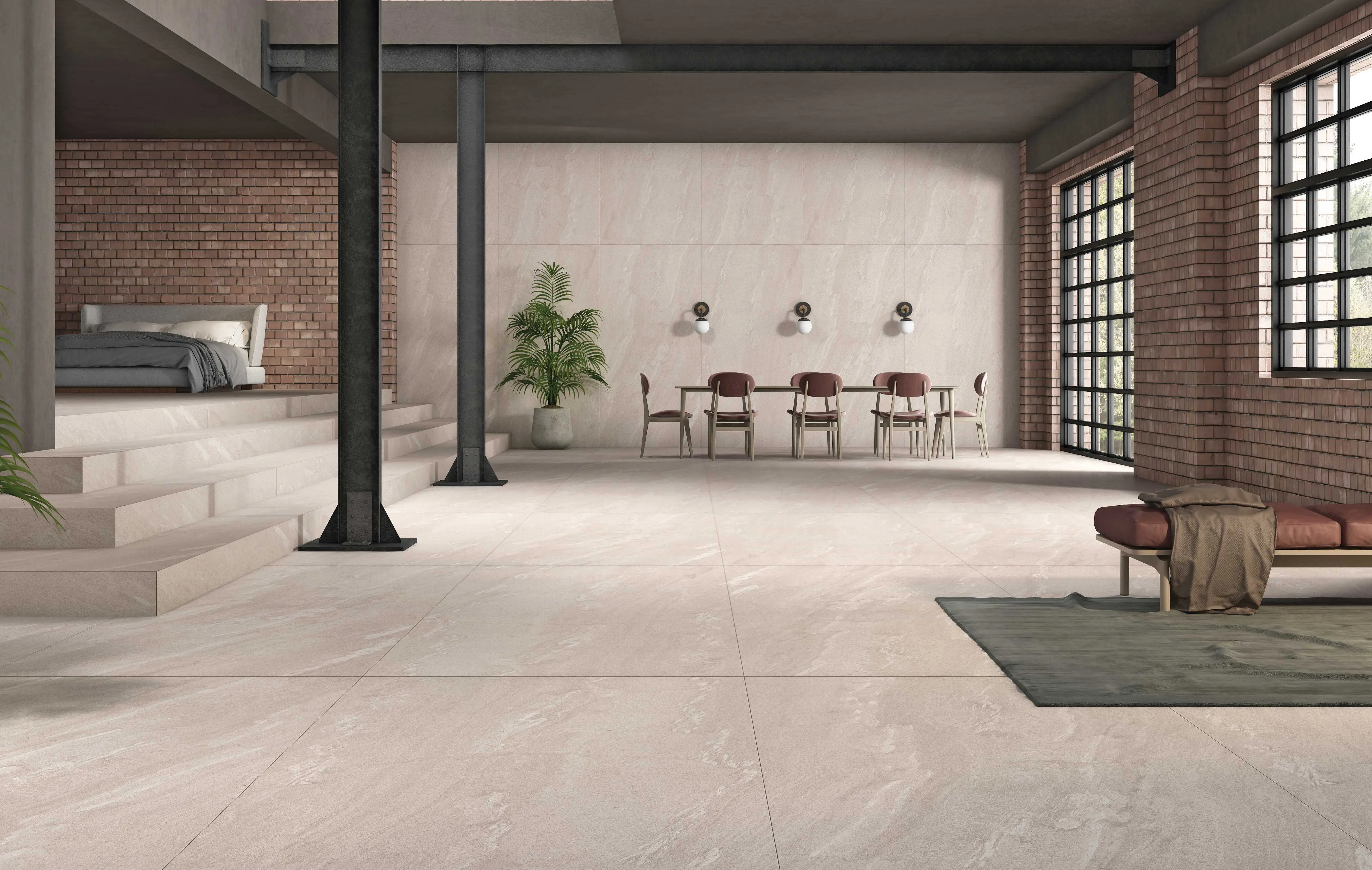 Slatestone Pearl Porcelain Tile in Modern Loft Interior with Brick Walls