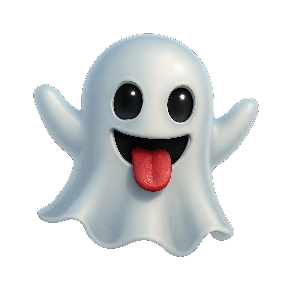Smiling Cartoon Ghost with Red Tongue on Transparent Background