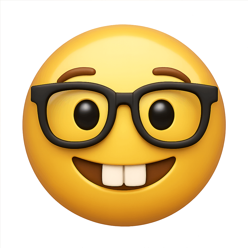 Smiling Nerd Emoji with Glasses and Buck Teeth on Transparent Background