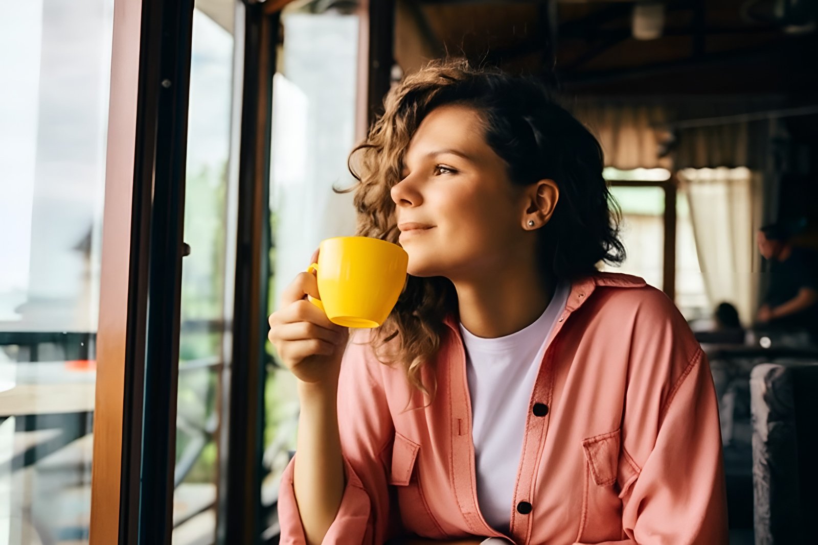 Smiling Woman Enjoying a Hot Beverage by a Bright Cafe Window