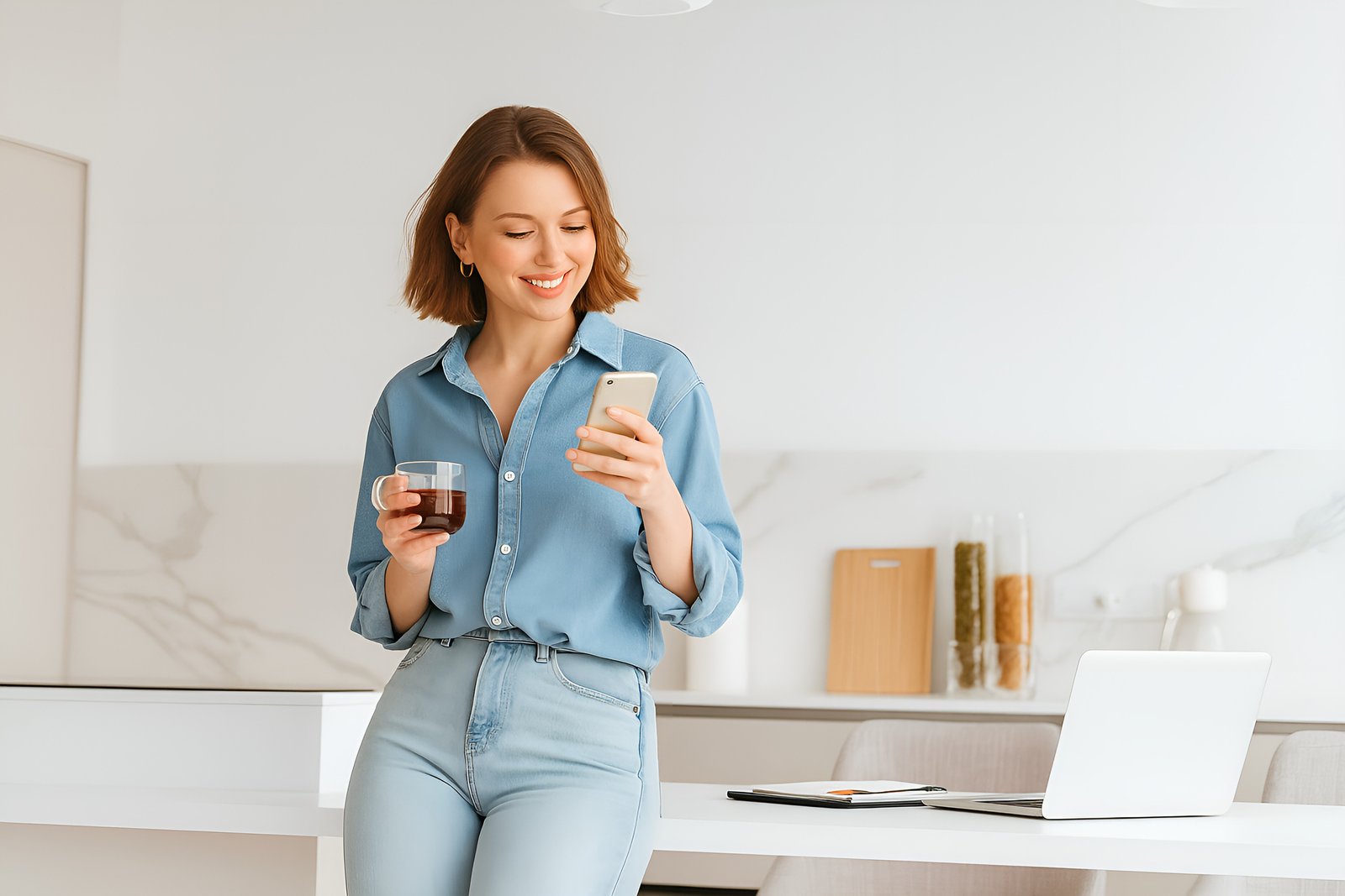 Smiling Woman Using Smartphone and Drinking Coffee in Modern Kitchen