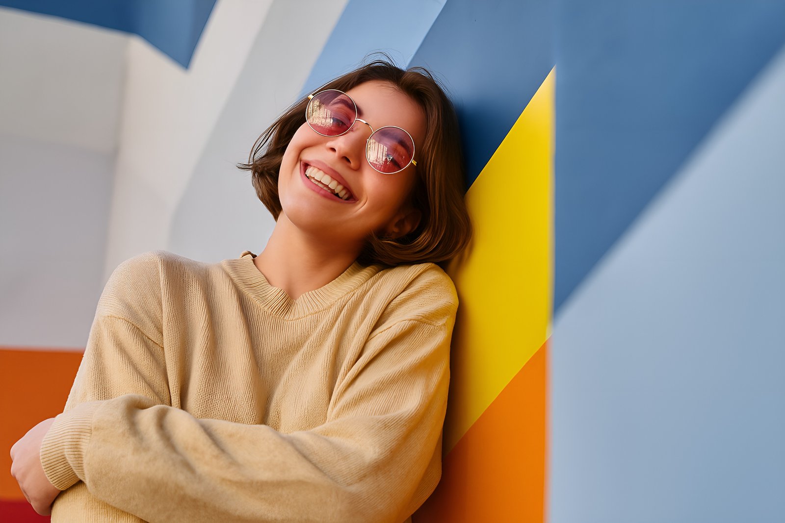 Smiling Woman Wearing Sunglasses Against a Colorful Geometric Background
