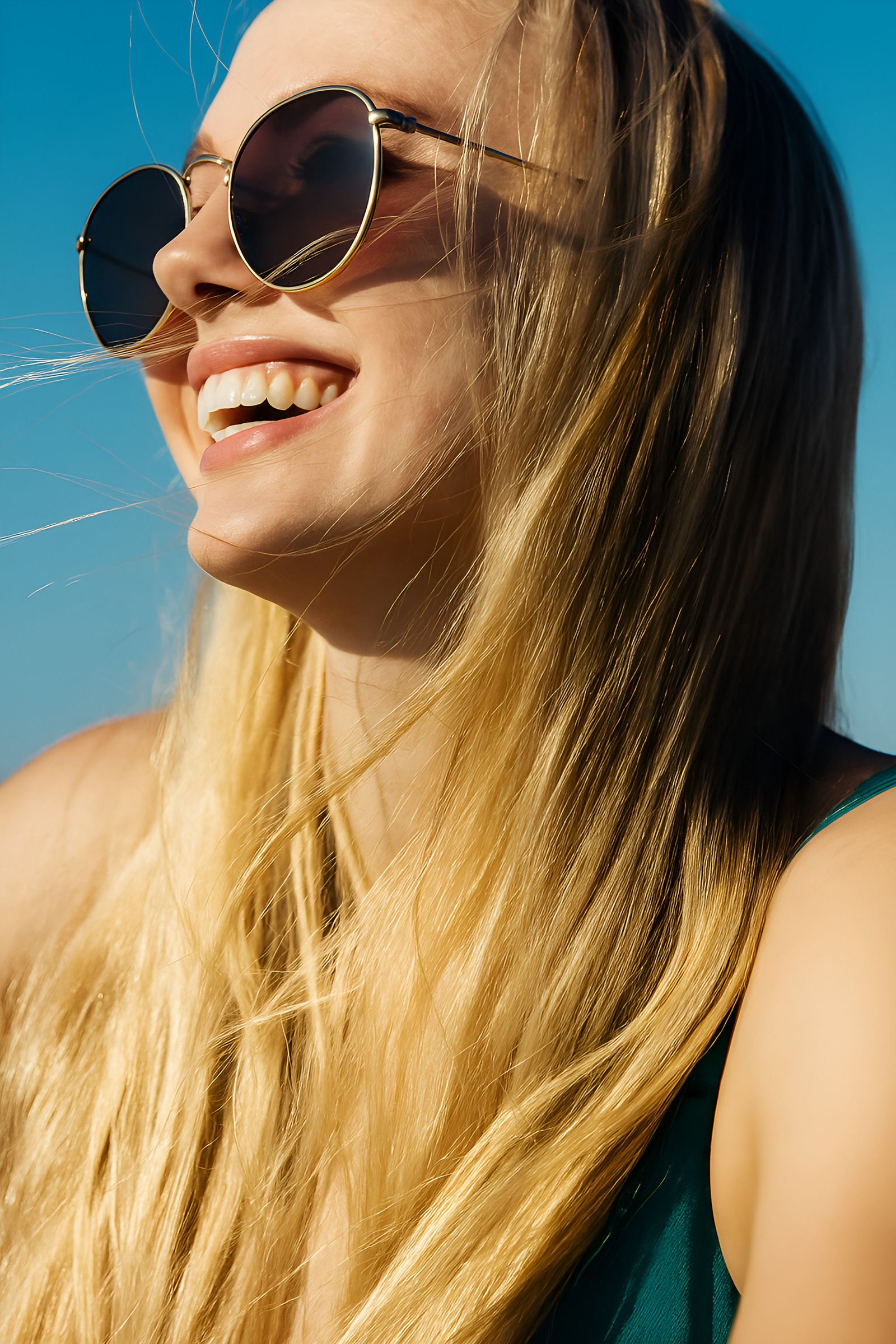 Smiling Woman Wearing Sunglasses Enjoying a Bright and Sunny Day Outdoors