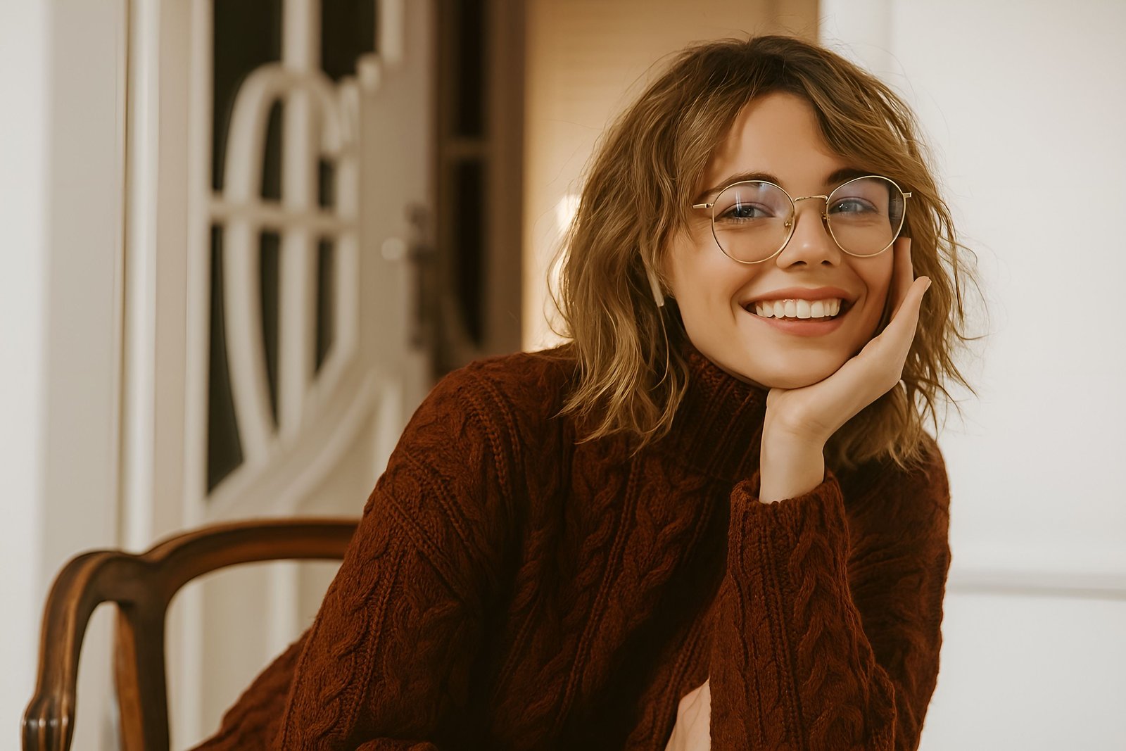 Smiling Woman with Glasses Relaxing in a Cozy Indoor Setting