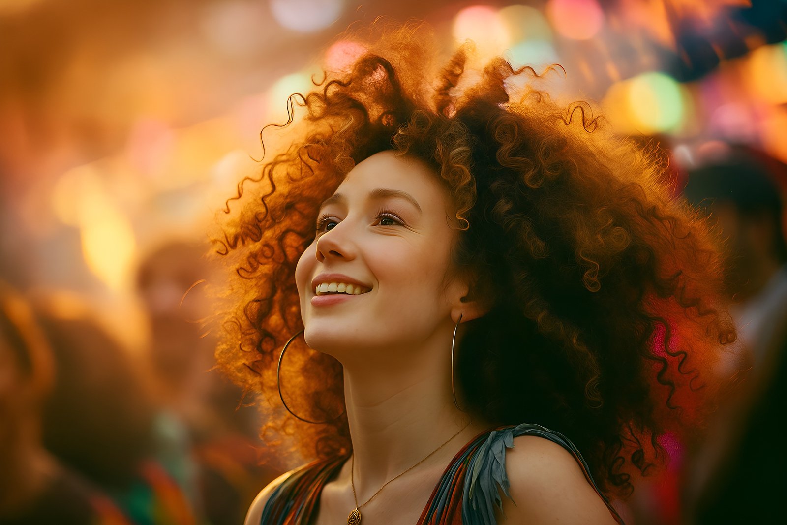 Smiling Young Woman in Vibrant Ambiance with Colorful and Joyful Atmosphere