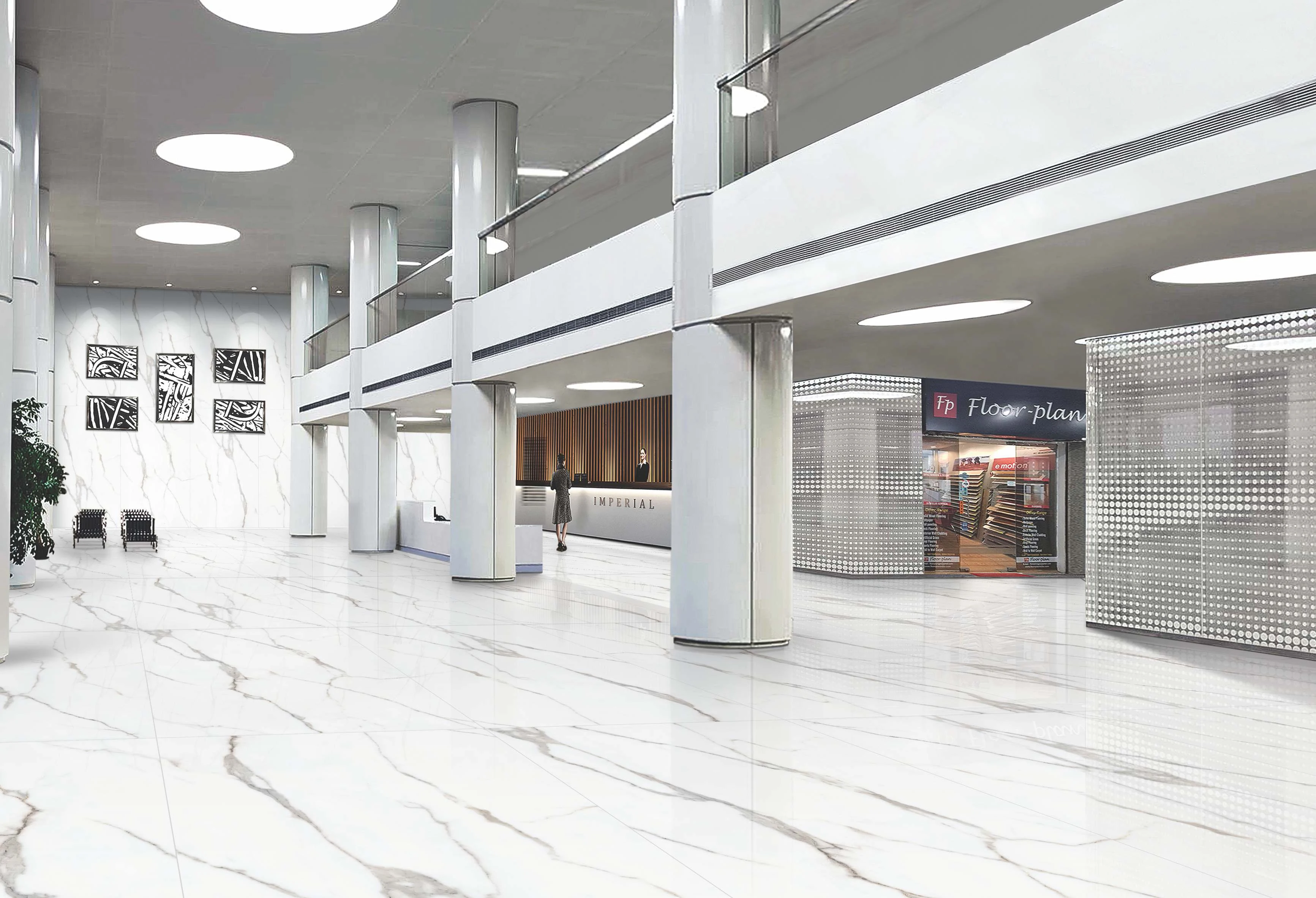 Spacious Marble-Tiled Lobby with Sleek Design and Modern Architectural Elements