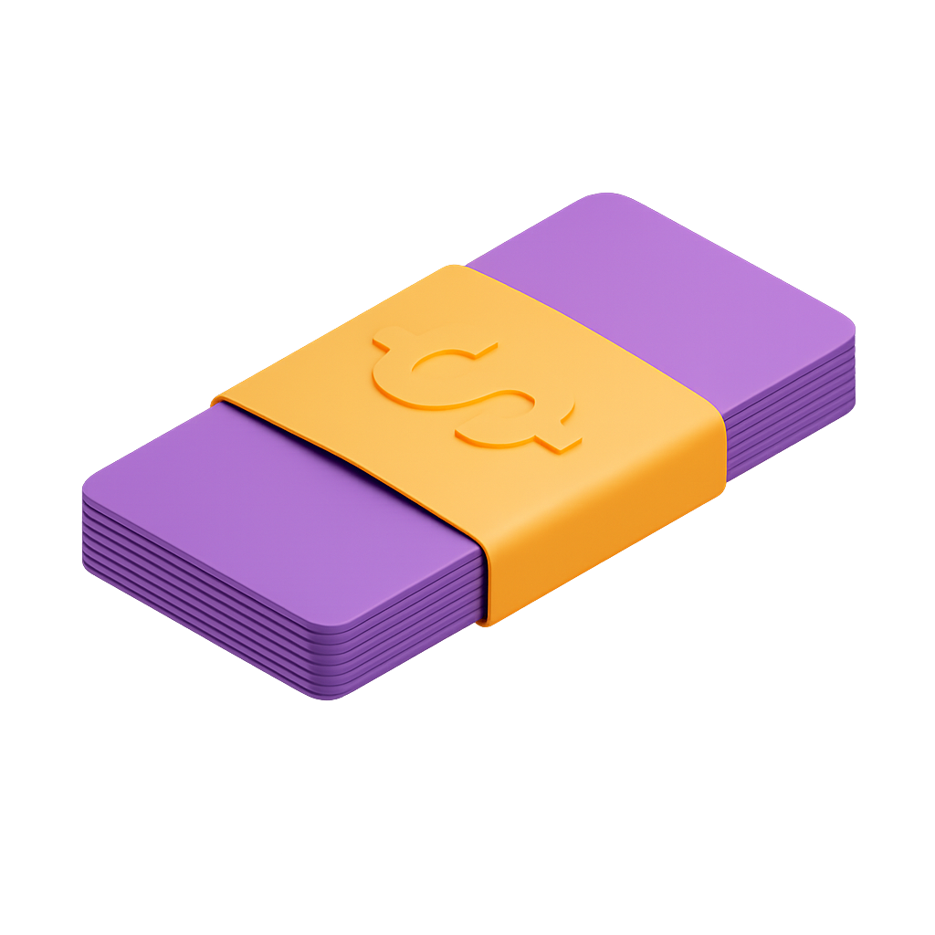 Stack of Purple Cards Secured with Yellow Dollar Clip on Transparent Background