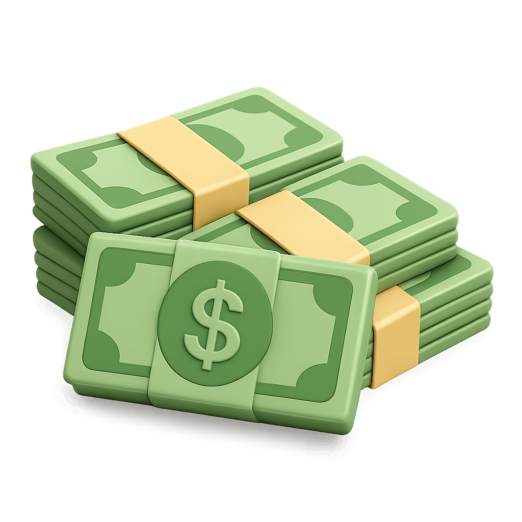 Stacked Cartoon Cash Bundles Representing Wealth and Financial Stability