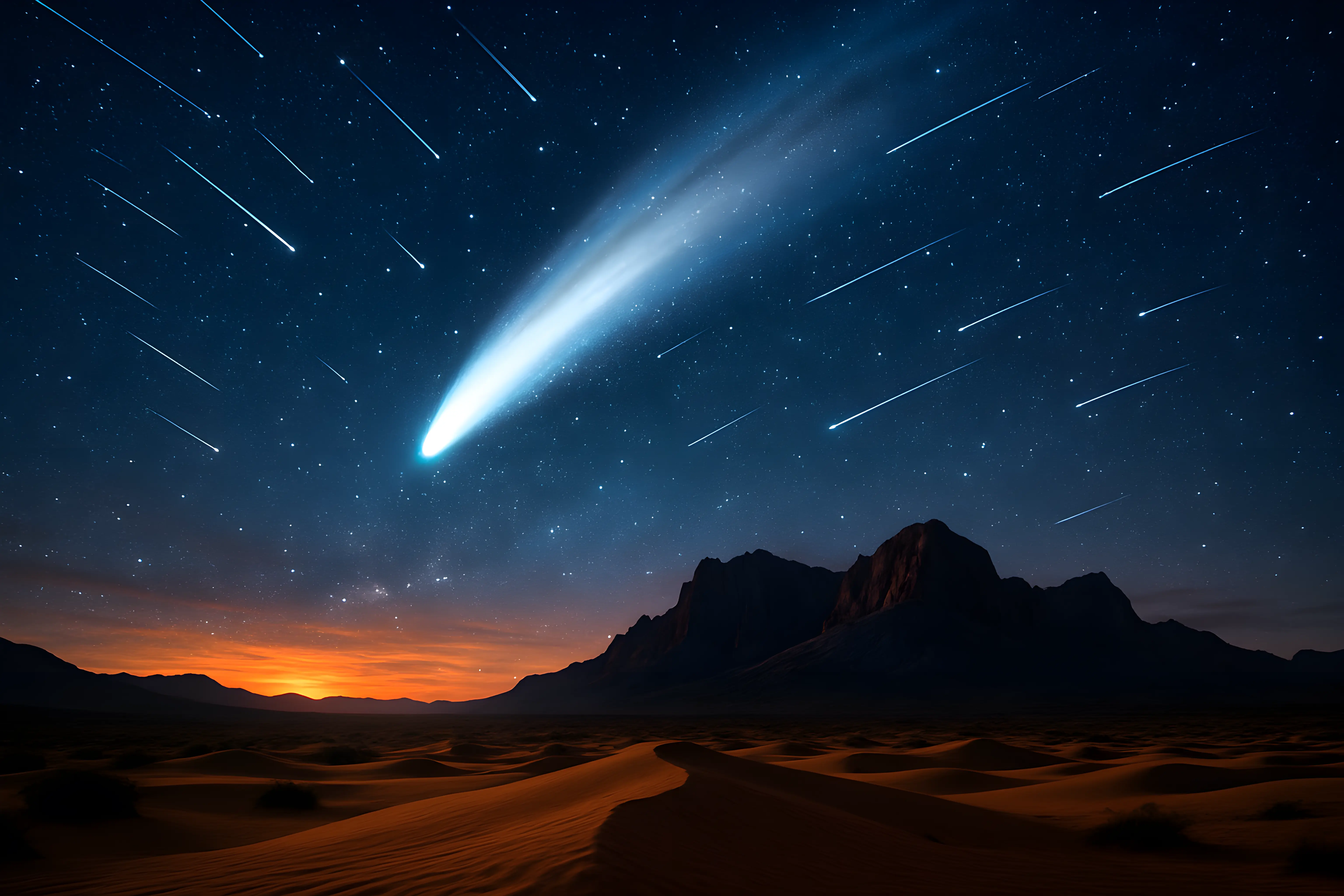 Starry Night Sky with Meteor Shower Over Desert Landscape
