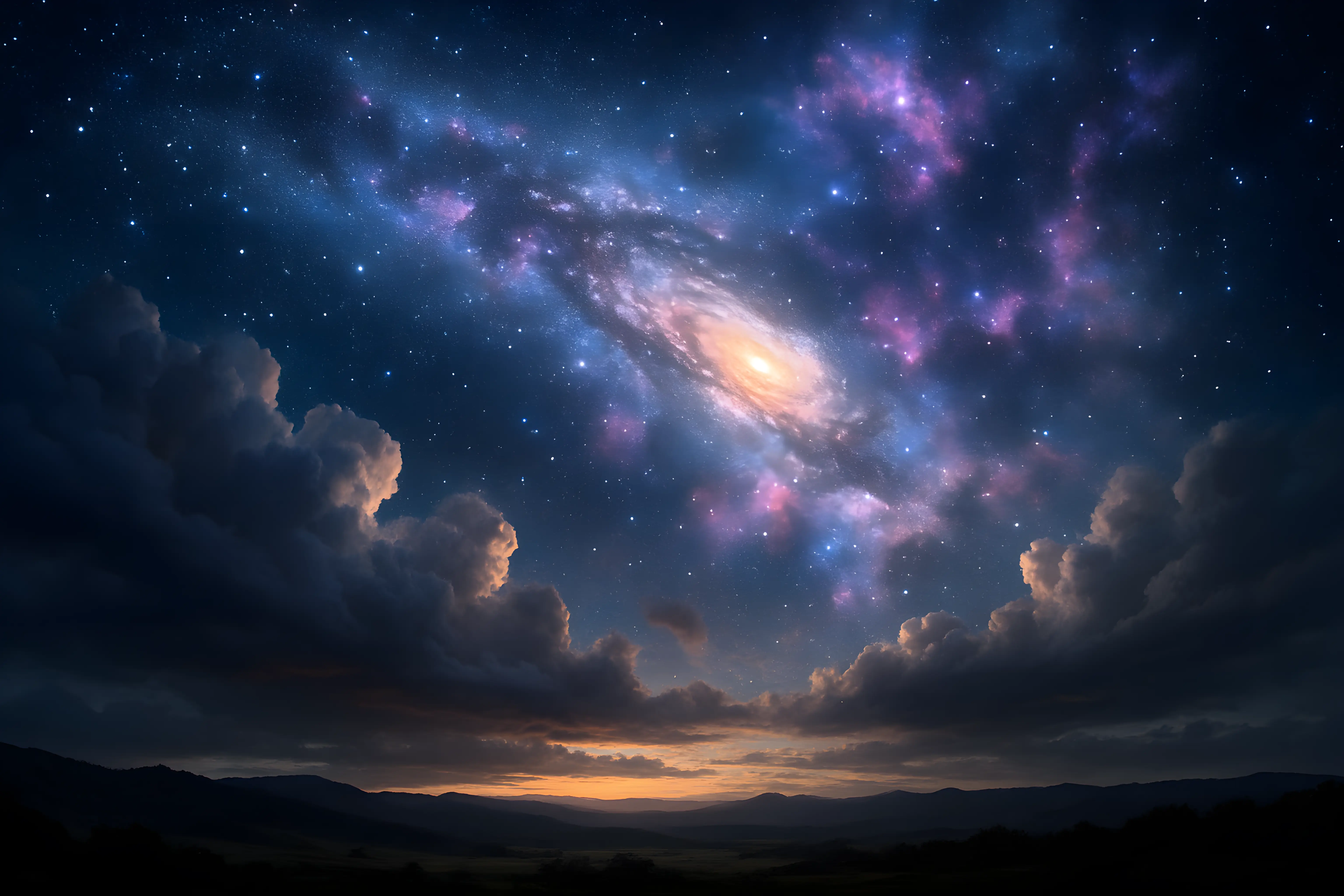 Starry Sky with Glowing Spiral Galaxy and Vibrant Cosmic Clouds