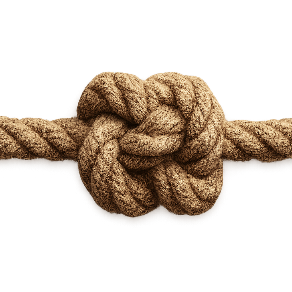 Strong Rope Knot Tied in Thick Twisted Hemp Rope Against Transparent Background