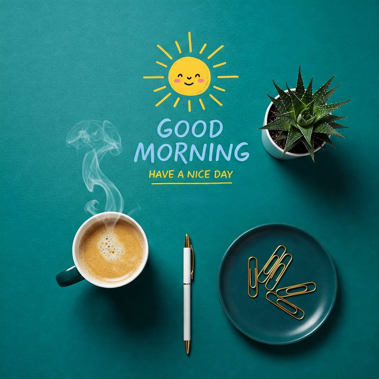 Stylish Morning Setup with Coffee, Plant, and Office Essentials on Teal Surface