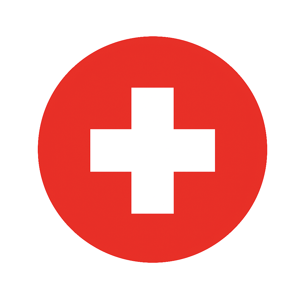 Swiss Flag Emblem: White Cross Inside Red Circle On Transparent Background