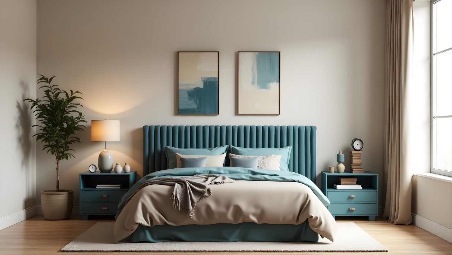 Teal Ribbed Headboard Abstract Brushstrokes Room