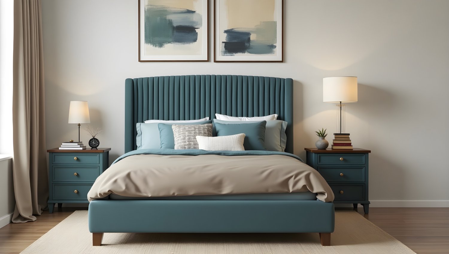 Teal Ribbed Headboard Bedroom, Abstract Brushstrokes Art