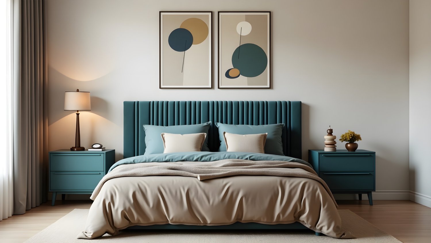 Teal Ribbed Headboard, Circular Geometric Art