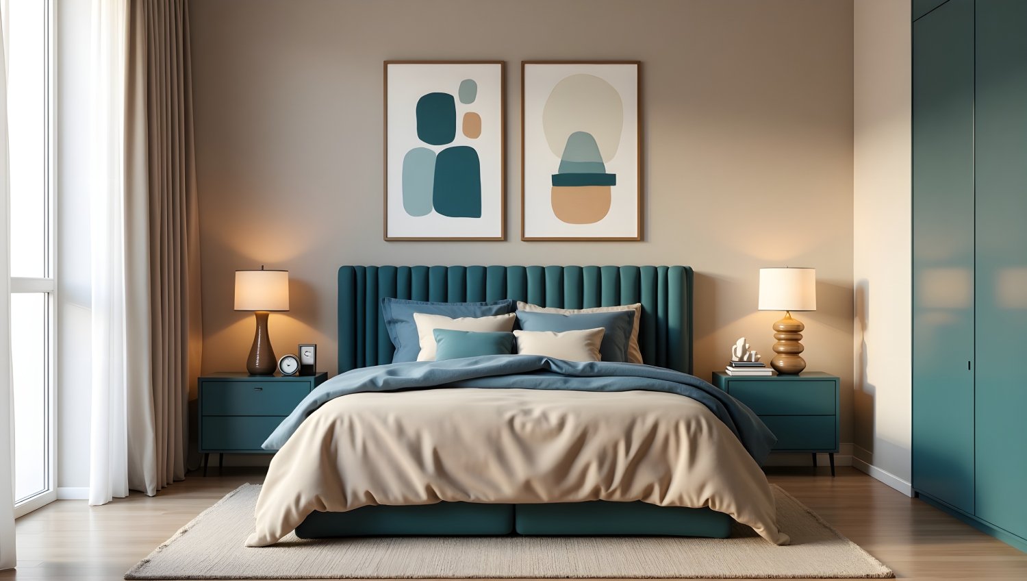 Teal Ribbed Headboard, Geometric Modern Bedroom