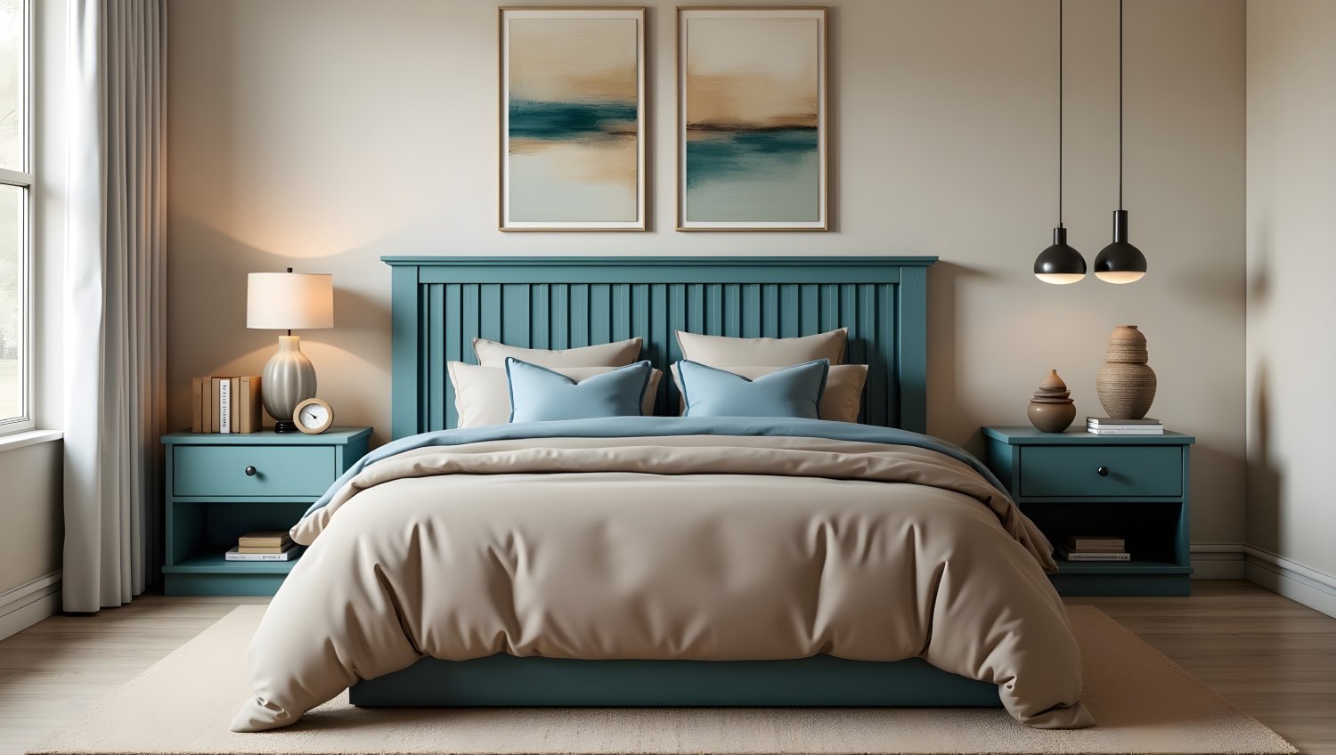 Teal Slatted Headboard Bedroom, Water Abstract Art