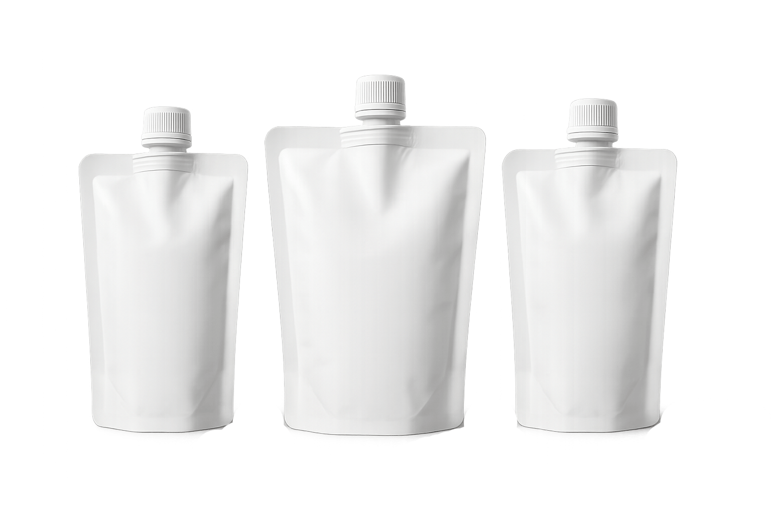 Three Blank White Spout Pouches Transparent Background