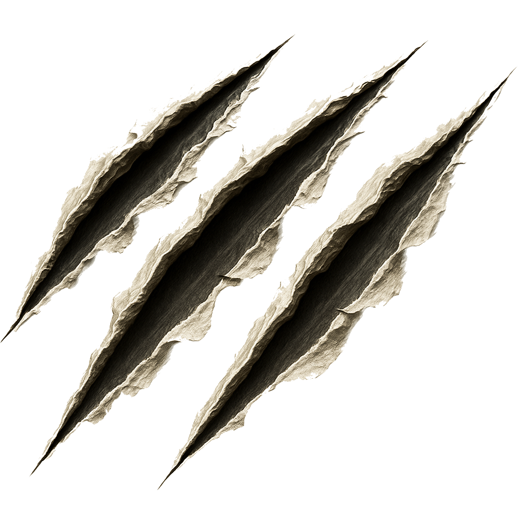 Three Parallel Claw Marks on Transparent Background Create Dramatic Grunge Texture for Design Projects