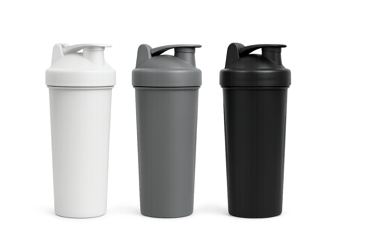 Three Protein Shaker Bottles Mockup Transparent Background