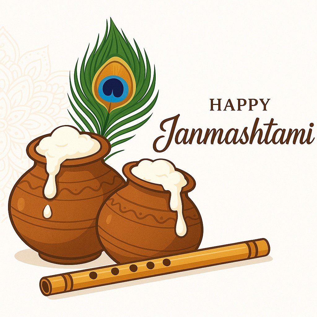 Traditional Celebration of Janmashtami With Pots, Flute, and Peacock Feather
