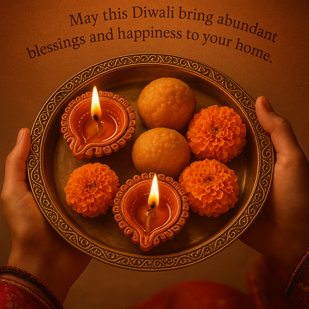 Traditional Diwali Plate with Ceremonial Diyas, Sweets, and Marigold Flowers
