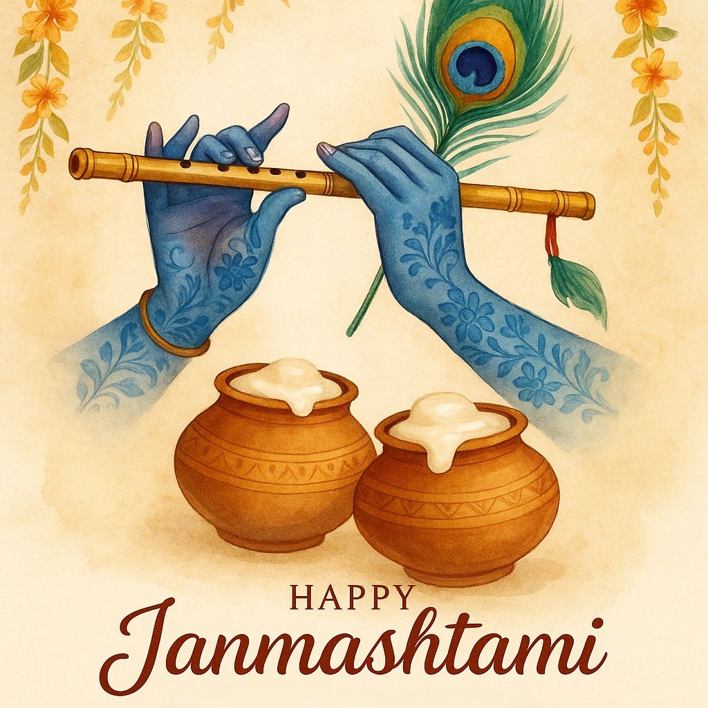 Traditional Janmashtami Celebration with Krishna's Flute, Pot of Butter, and Peacock Feather