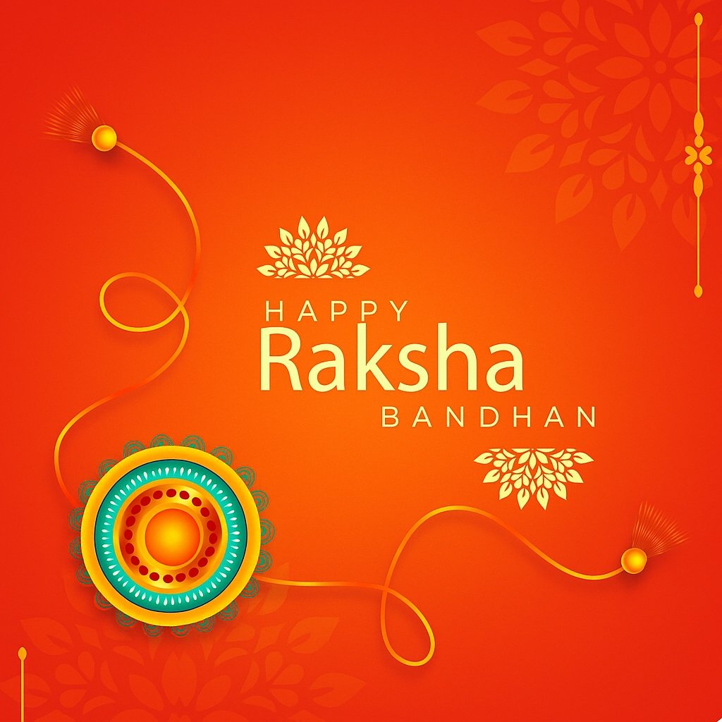 Traditional Raksha Bandhan Greeting Card with Elegant Rakhi Design on Orange Background