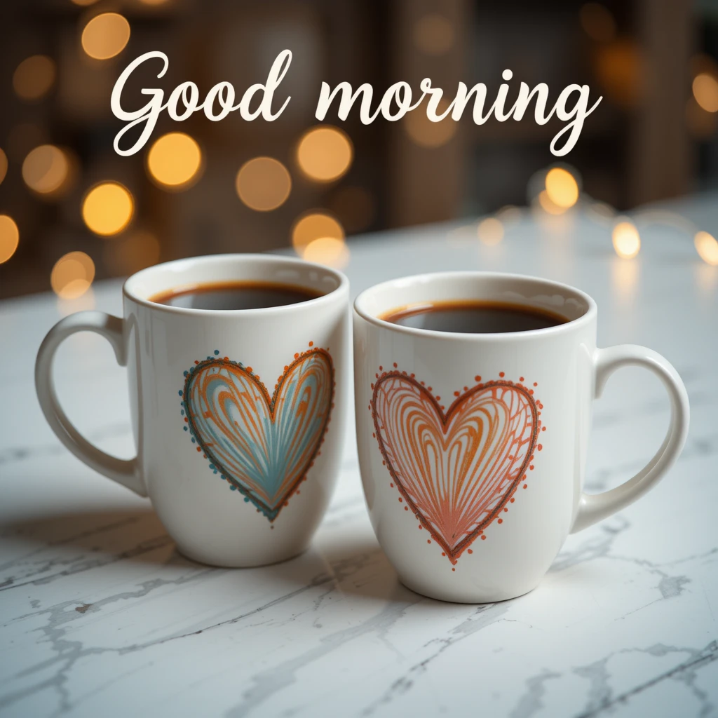 Two Coffee Mugs with Heart Designs and Good Morning Text