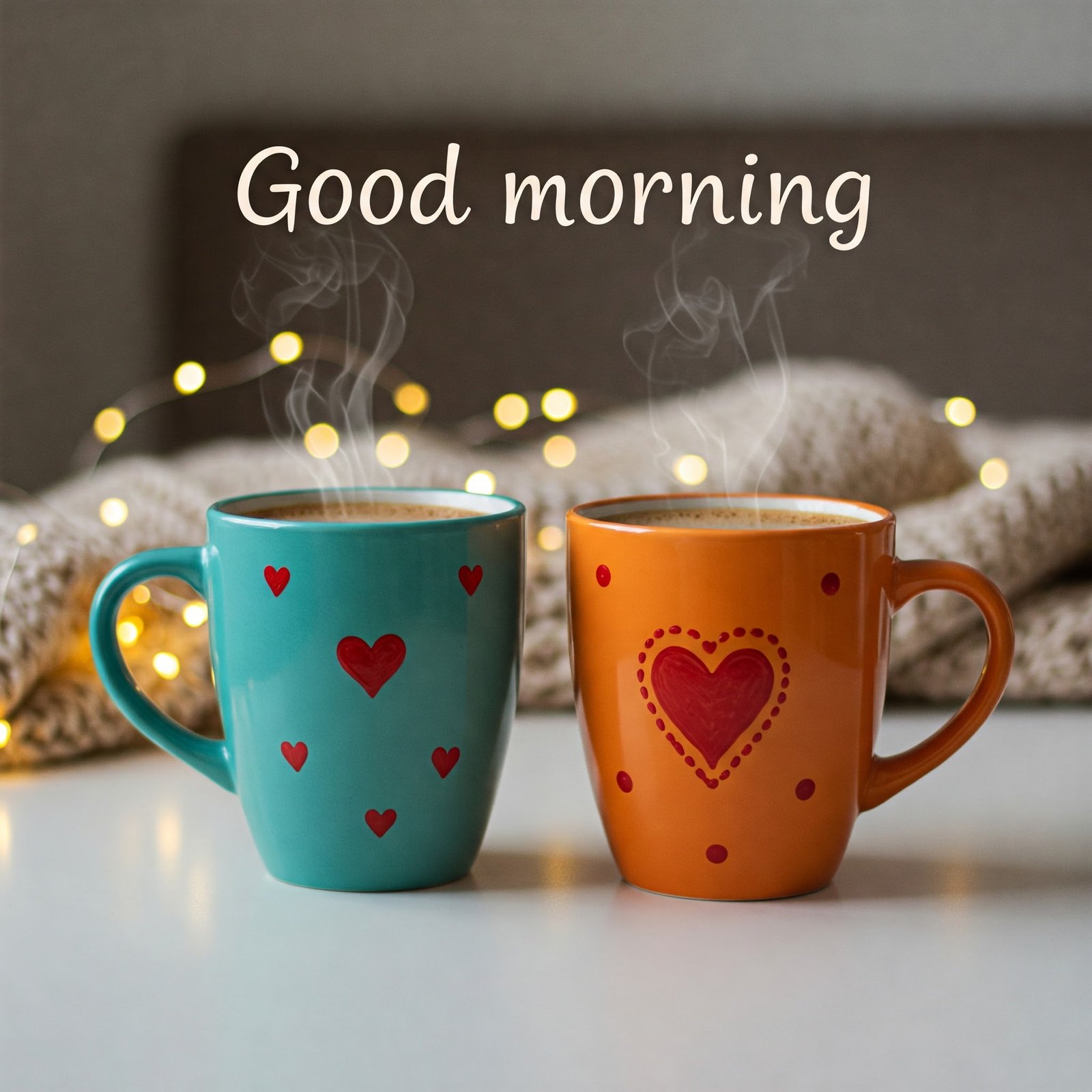 Two Coffee Mugs With Heart Designs and Morning Text Decoration
