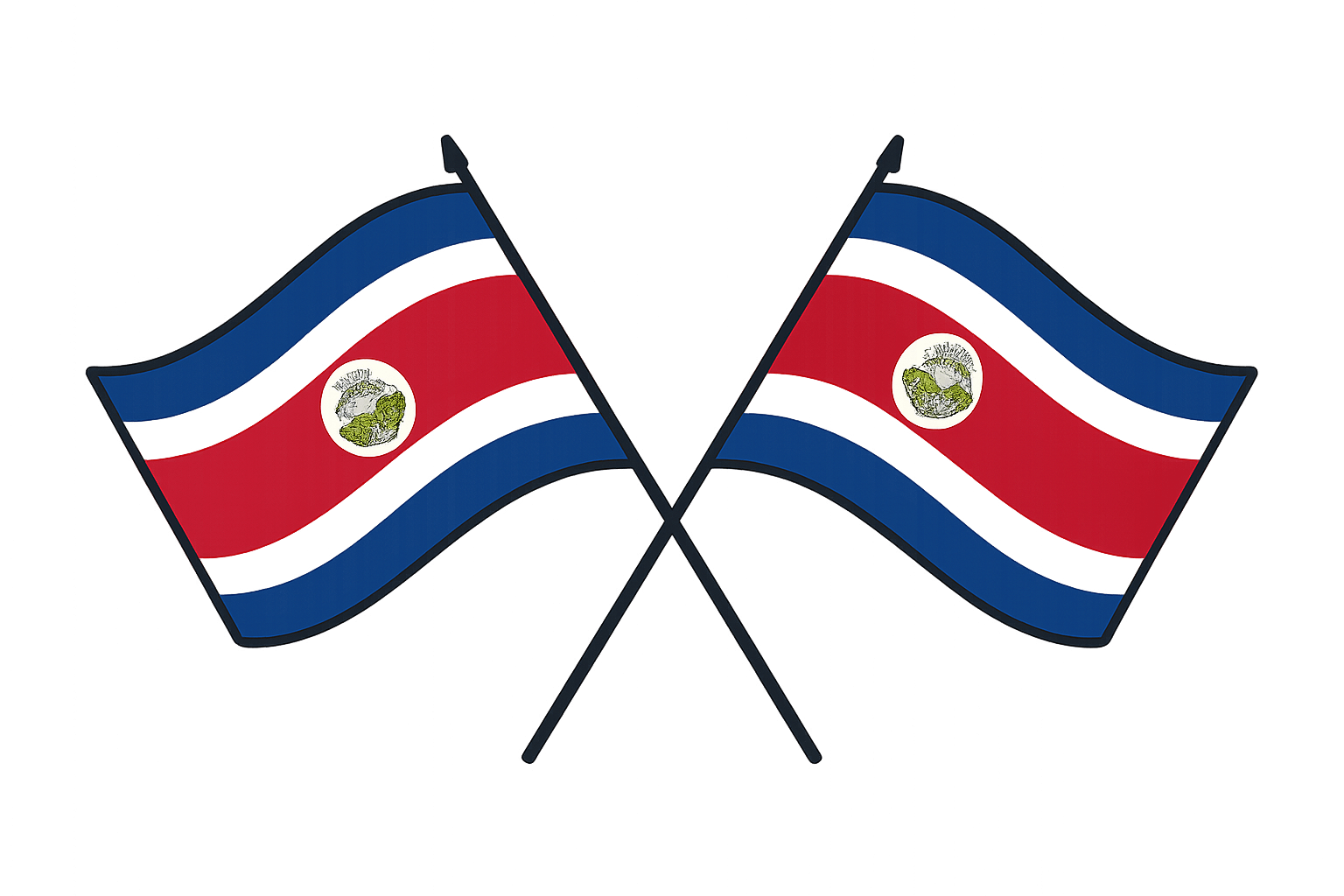 Two Crossed Costa Rica Flags, Transparent Background.