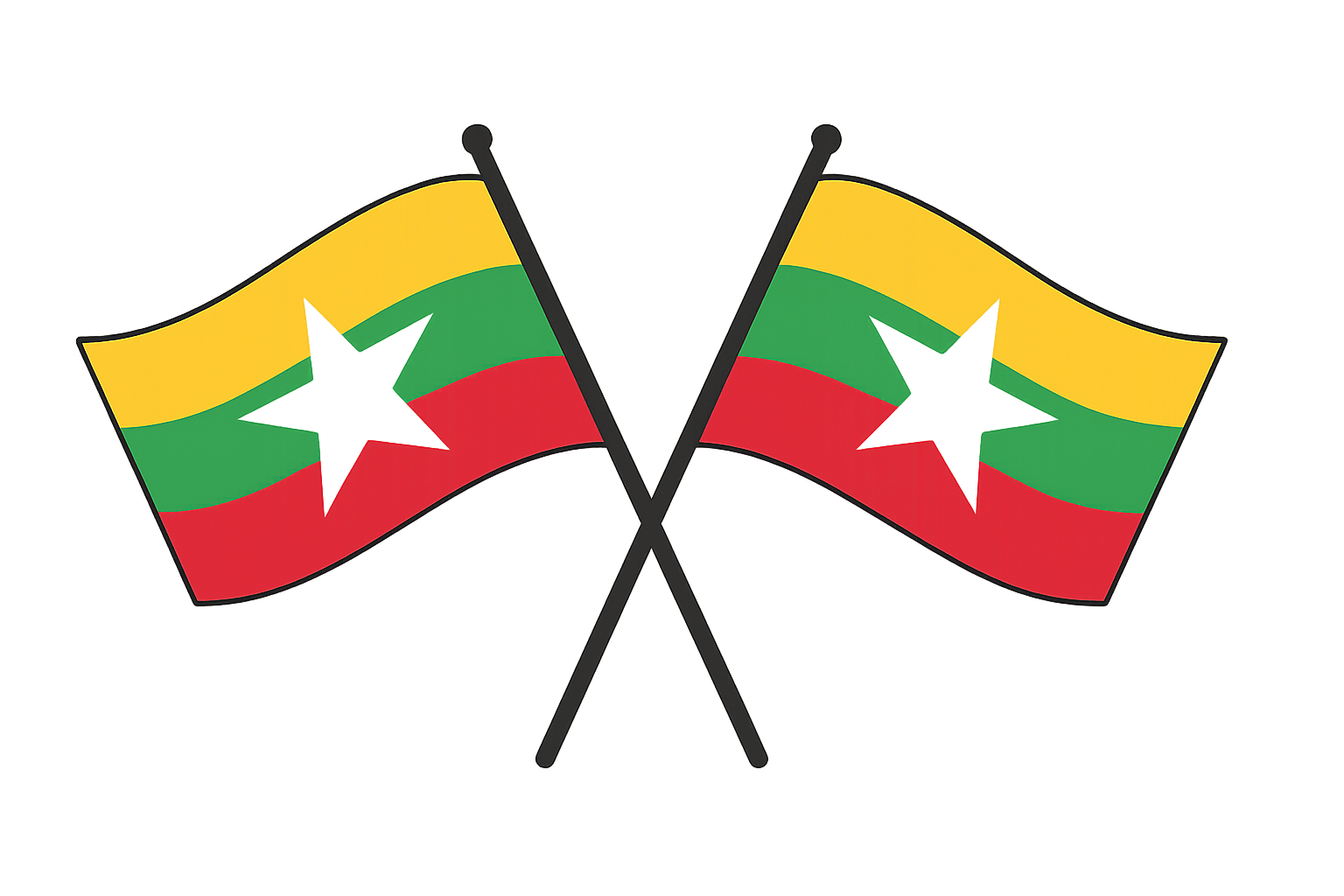 Two crossed Myanmar flags on poles transparent background