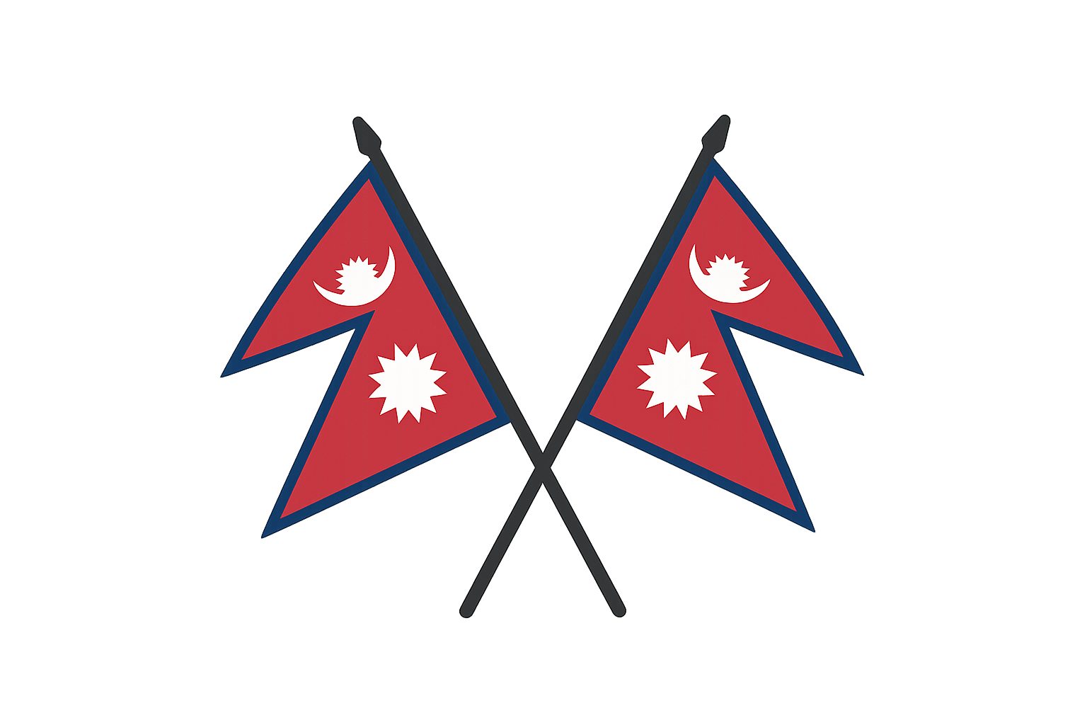 Two crossed Nepal flags on poles transparent background