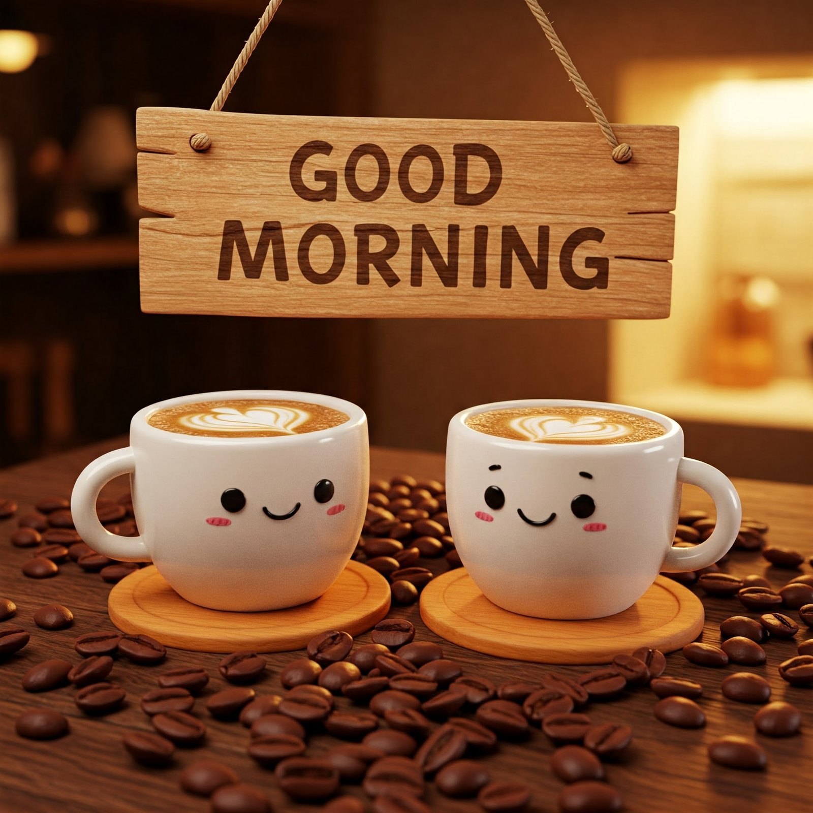 Two Smiling Coffee Cups with a Wooden Good Morning Sign