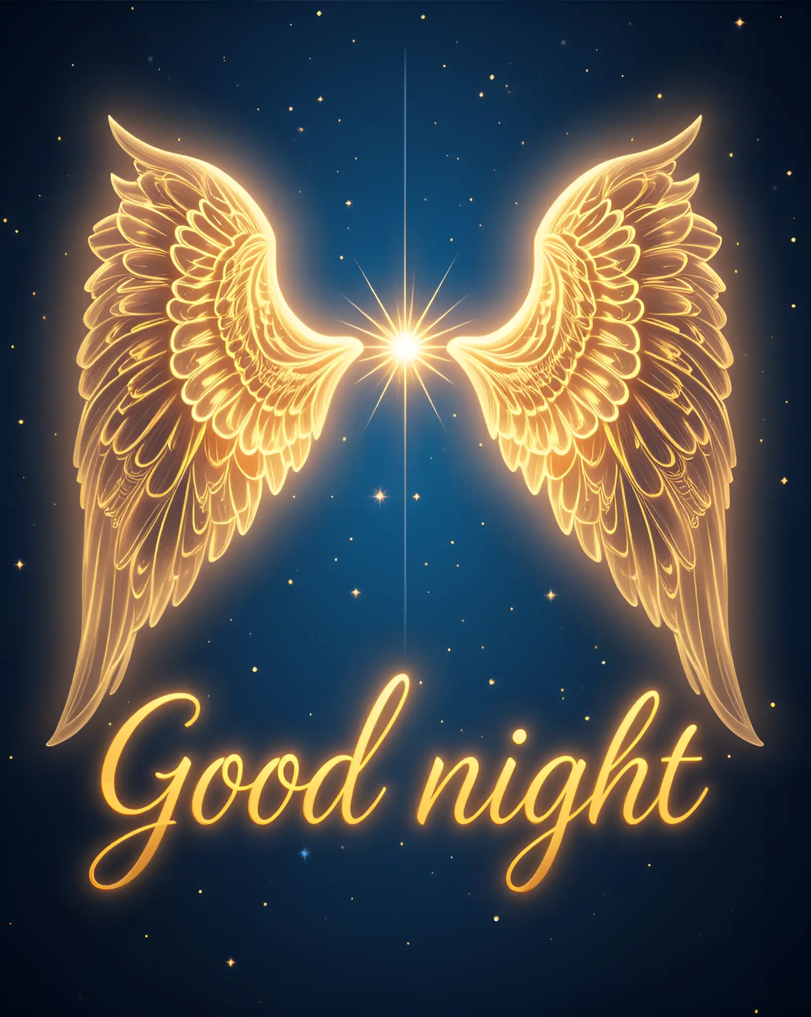 Golden Angel Wings and Star Against a Night Sky with Good Night Text