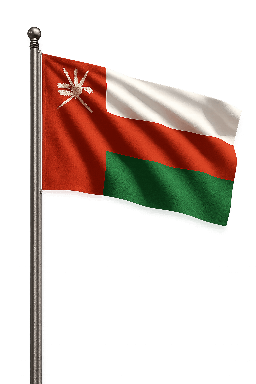 Vertical Waving Oman Flag on Pole, transparent background