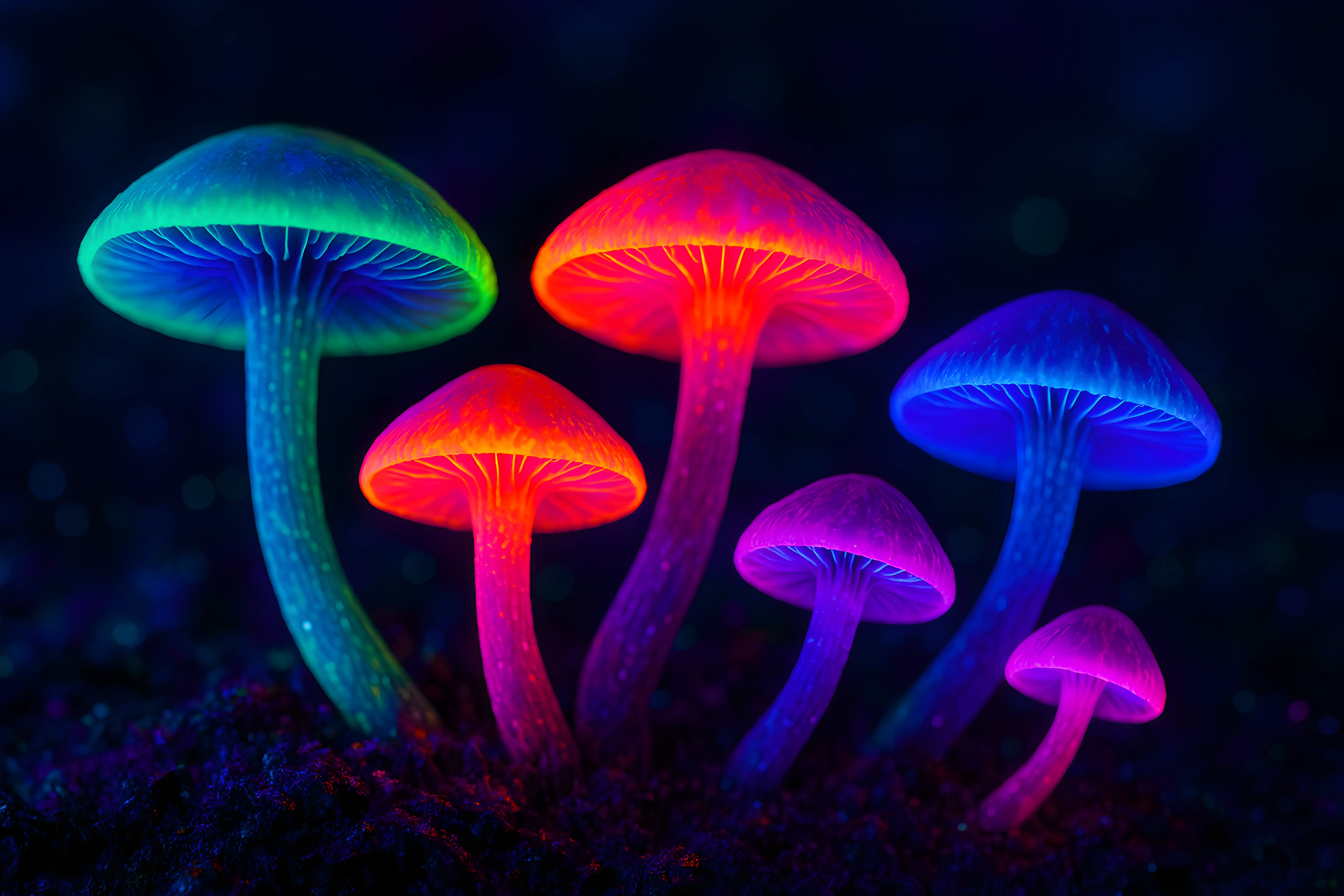 Vibrant And Glowing Mushrooms Illuminated In Stunning Neon Colors In Darkness