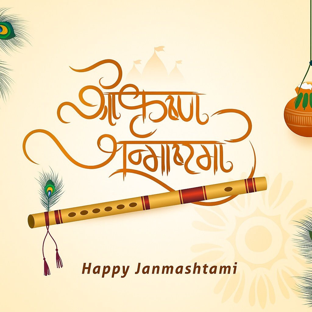 Vibrant Janmashtami Celebration With Flute, Matki, and Devotional Elements