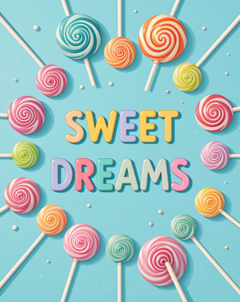 Vibrant Lollipops and Sweet Dreams Text on a Colorful Background