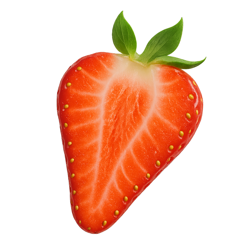 Vibrant Red Strawberry Half On Transparent Background With Green Leaf Close-Up