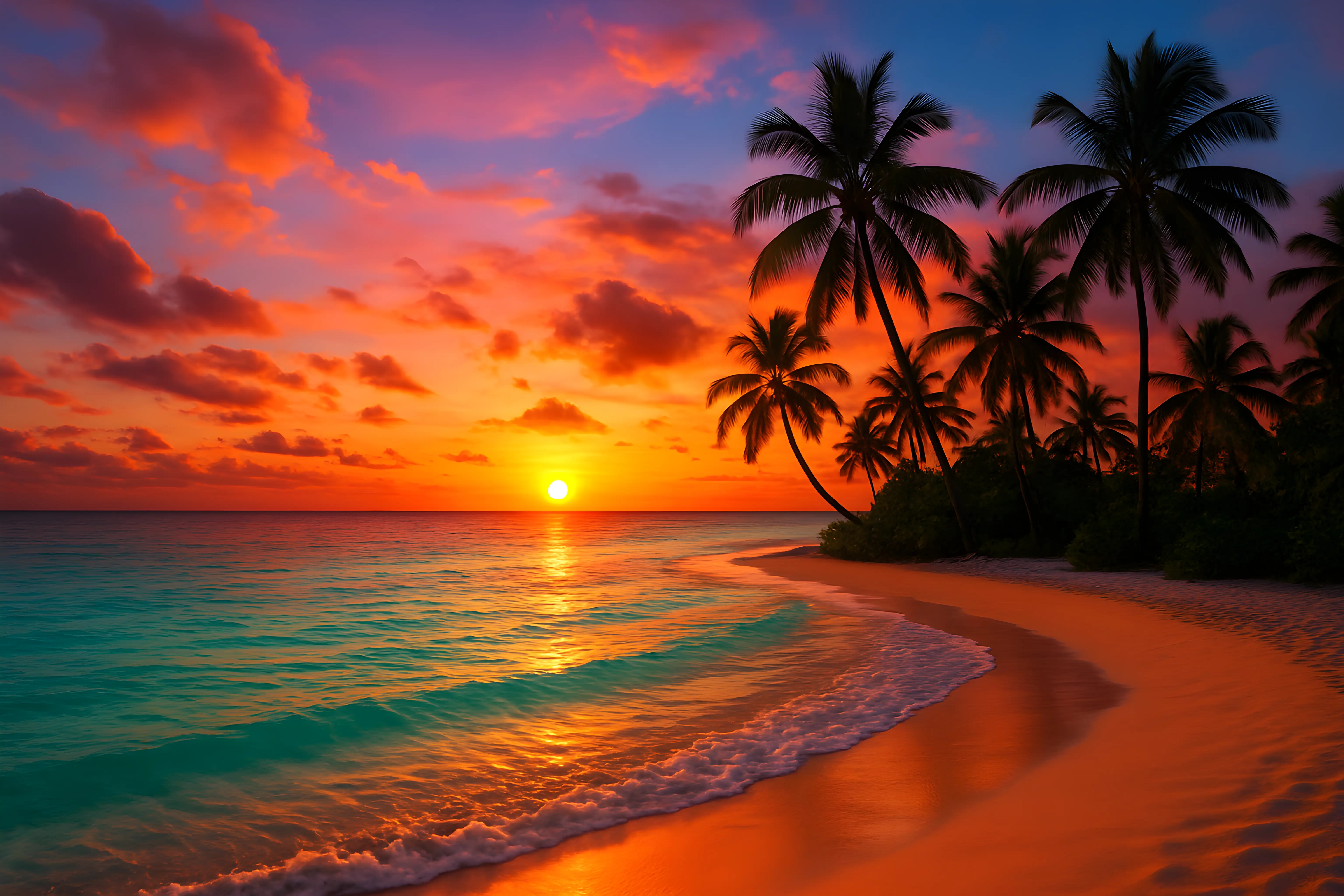 Vibrant Tropical Sunset Over a Calm Ocean with Palm Trees