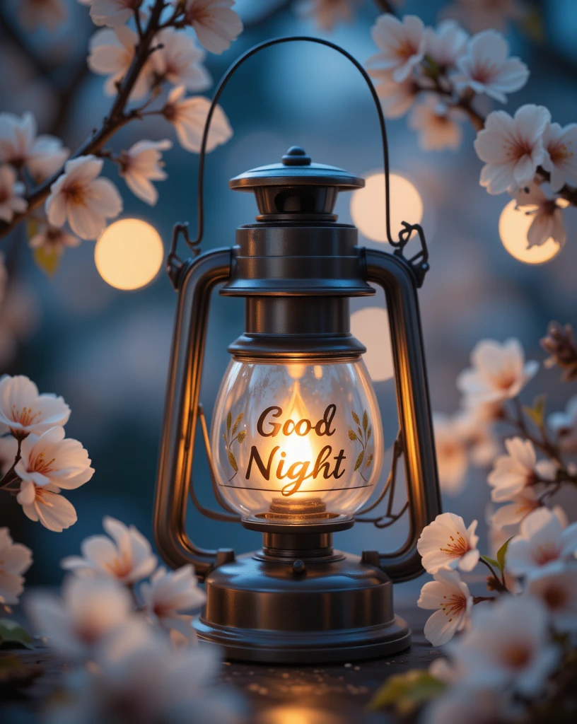 Vintage Lantern Amid Cherry Blossoms with Warm Good Night Message