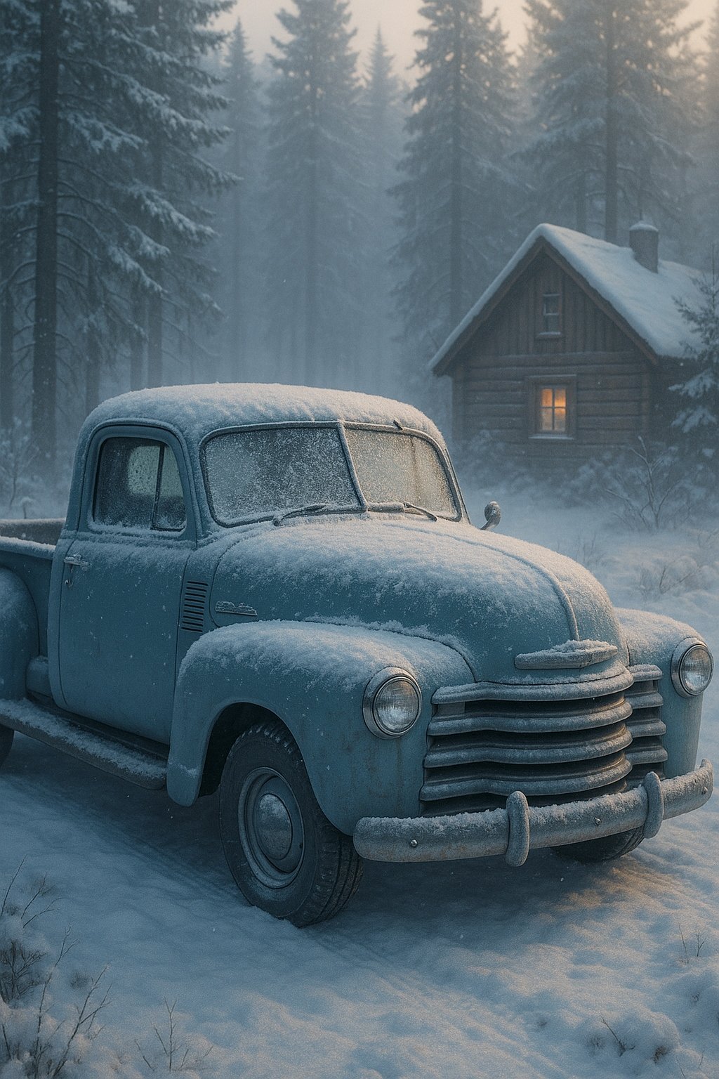 Vintage Truck Snowy Cabin Mobile Wallpaper