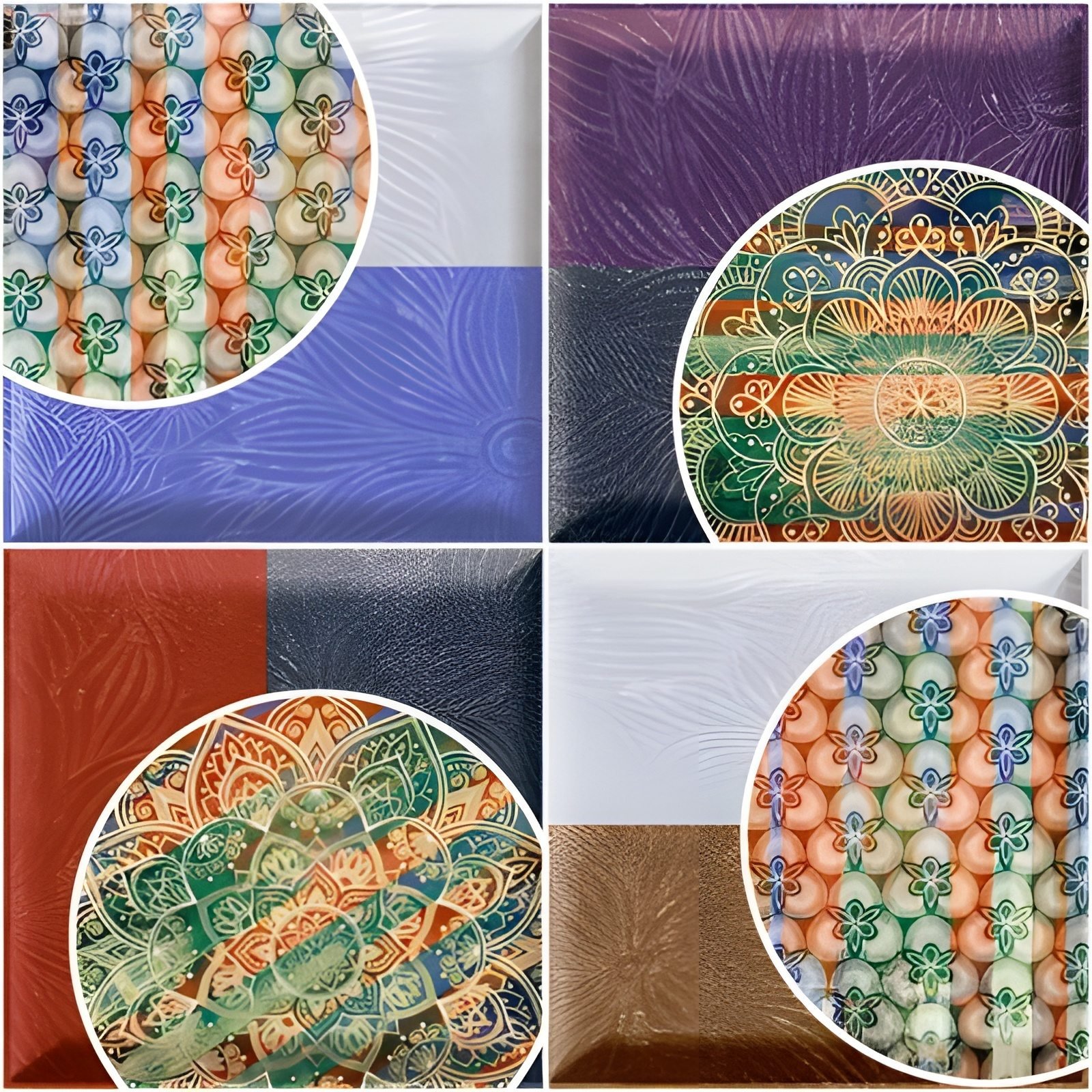 Vivid Mandala and Patterned Bead Collage With Circular Frames and Rich Textures
