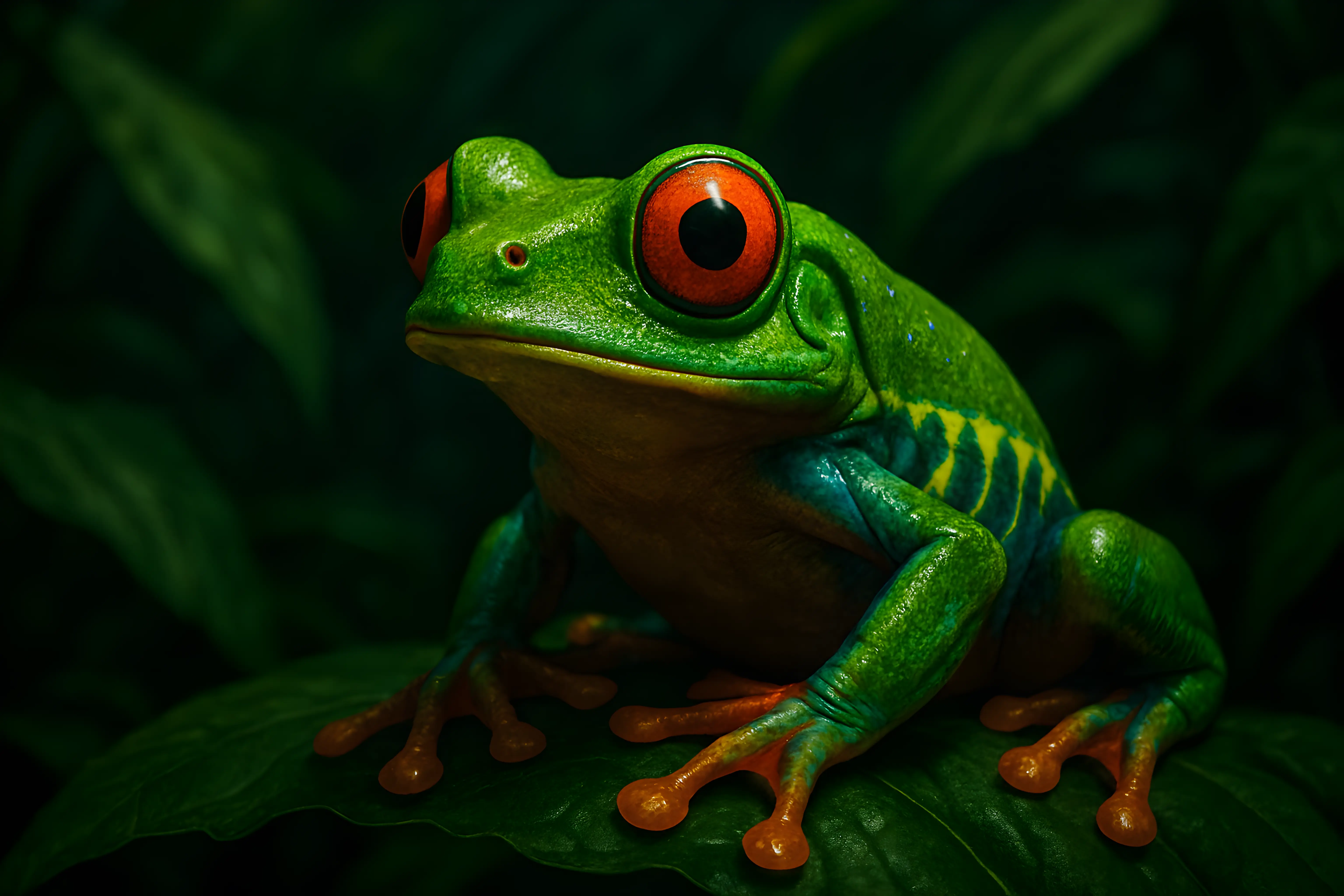 Vivid Red-Eyed Tree Frog Resting on a Leaf in Lush Greenery