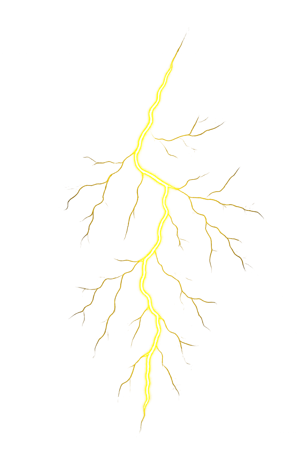Vivid Yellow Lightning Bolt Cracks Through Black Night Sky with Branched Fragments and Neon Glow