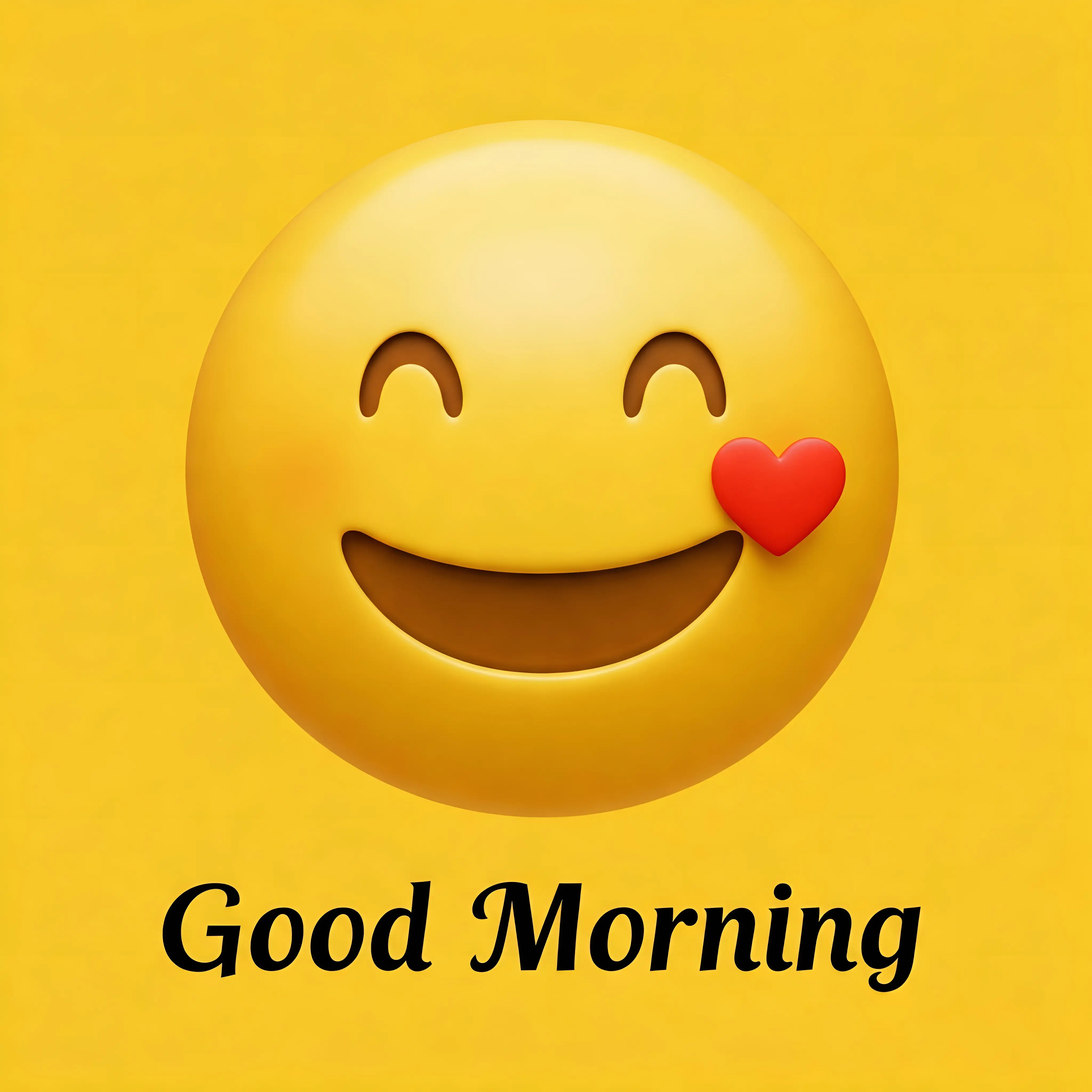 Smiling Emoji with Heart and Morning Greeting on Yellow Background