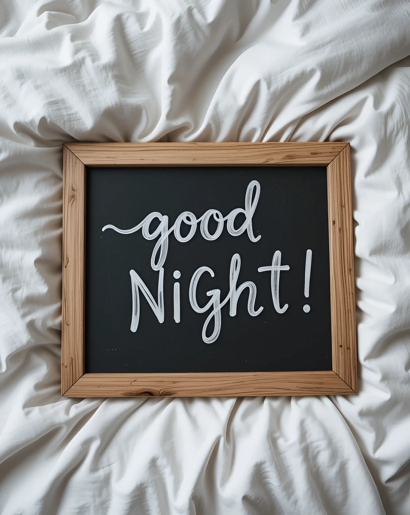 Framed Chalkboard with 'Good Night' on White Cozy Bedspread