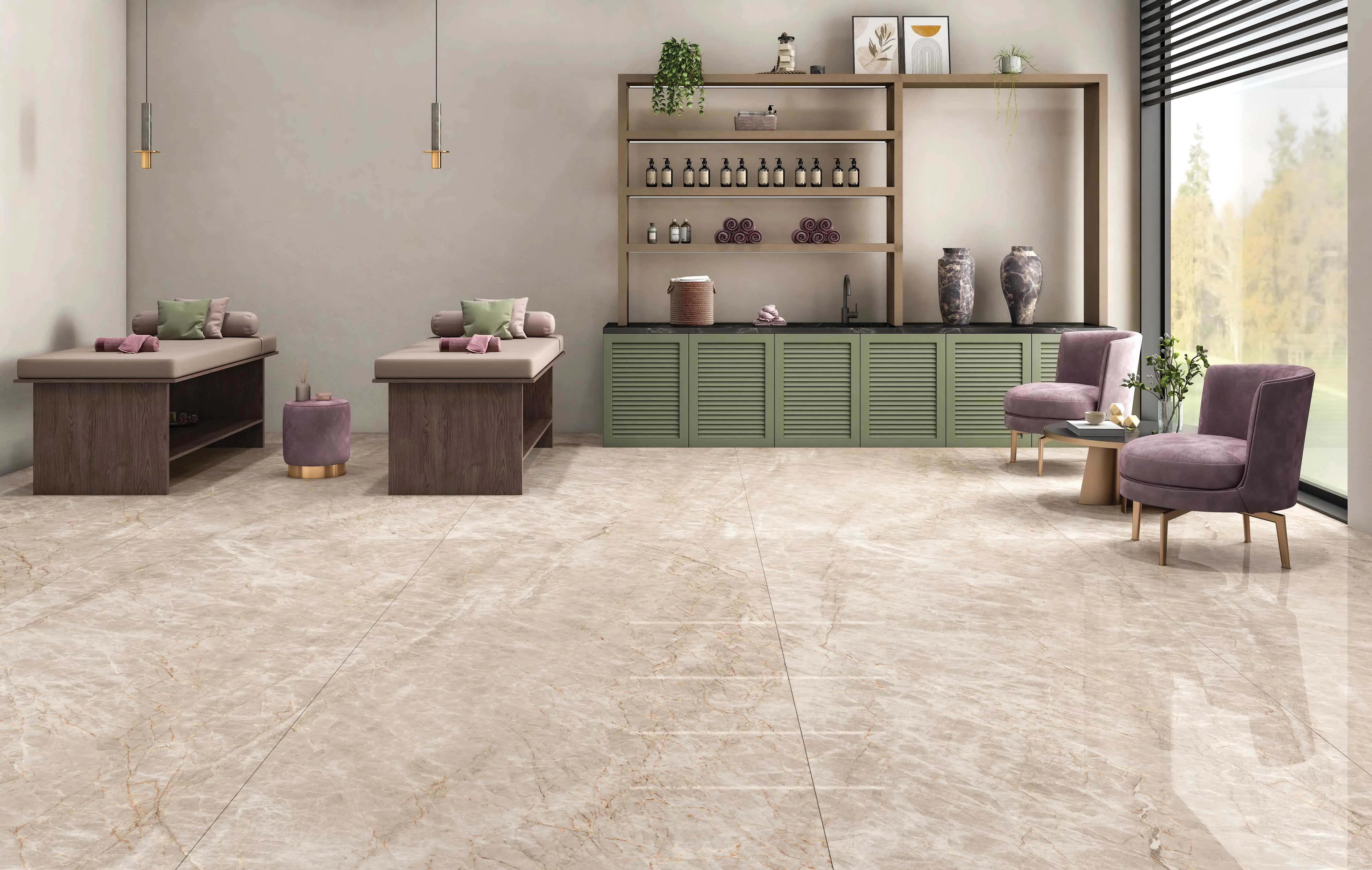 Warm Beige Ceramic Flooring in a Serene Spa or Wellness Center